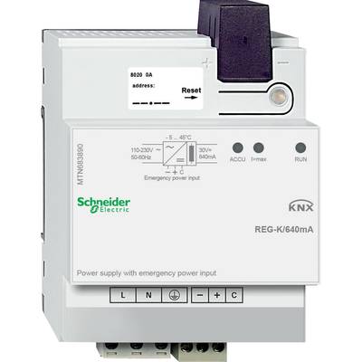 'Schneider Electric beschermschakelaar KNX REG-K/640mA voor stroombesturing met resetknop en LED-indicatoren voor accu en bedrijfsstatus.'