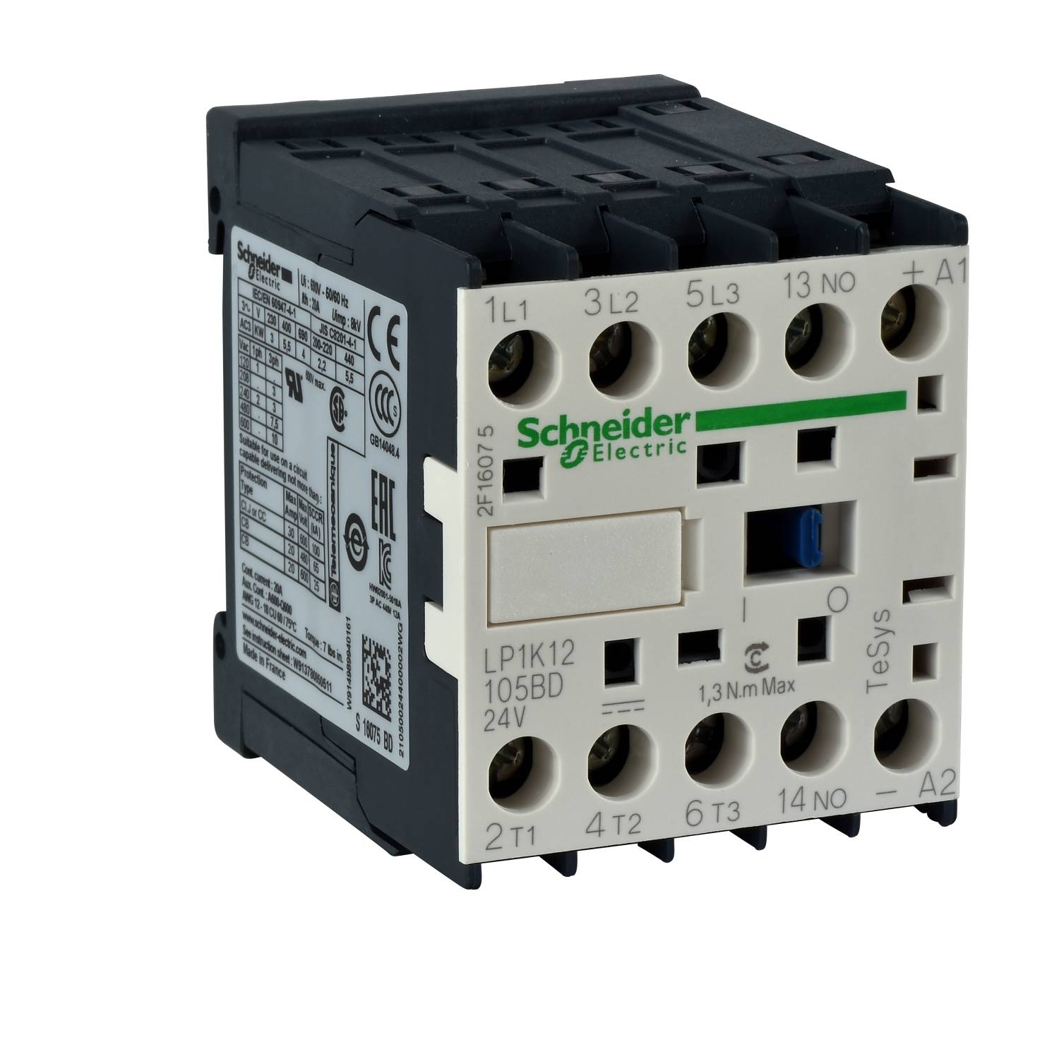 Prestatieschakelaar van Schneider Electric. Opdrukken: Schakelcircuitsymbolen en elektrische specificaties. Product voor besturingstoepassingen.