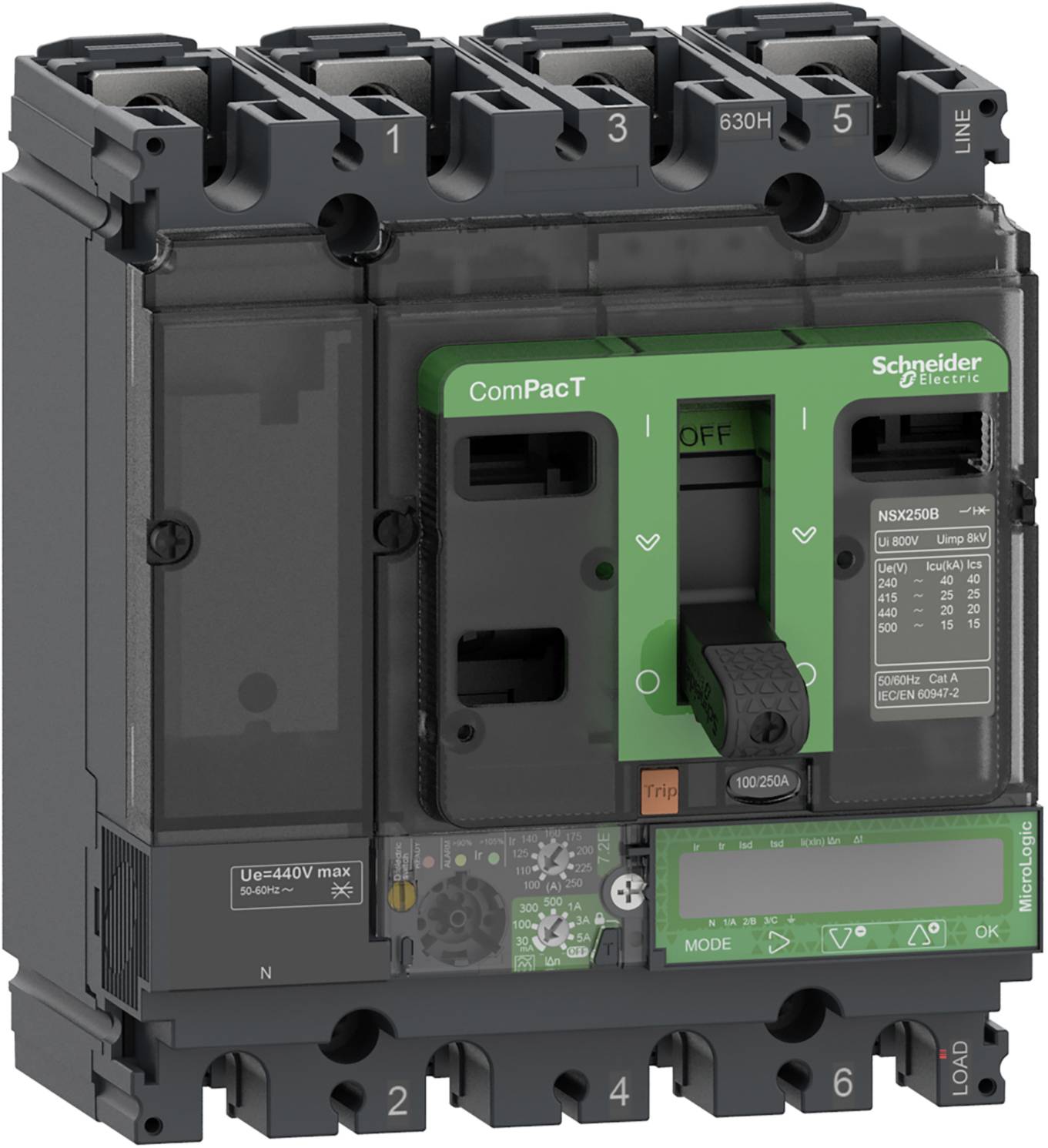 Een zwarte vermogensschakelaar met groene en grijze details, model 'ComPacT', van Schneider Electric. Gemonteerd en gebruiksklaar.