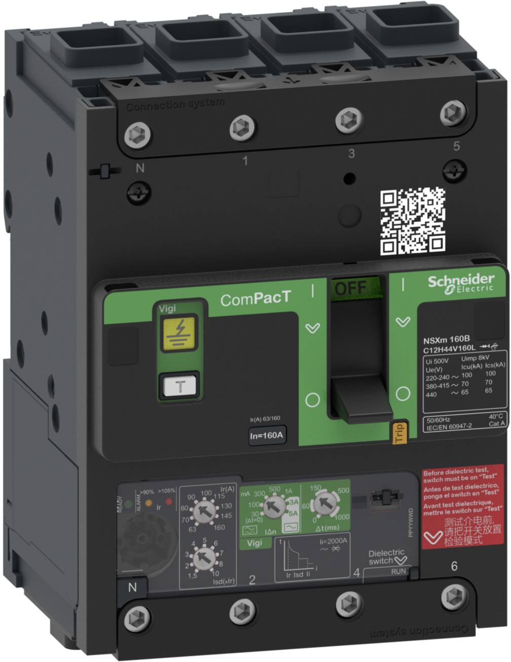 Vermogensschakelaar van Schneider Electric, model ComPacT. Bevat knoppen, indicatoren en een QR-code bovenaan. Hoofdtoepassing: elektrische schakelingen.