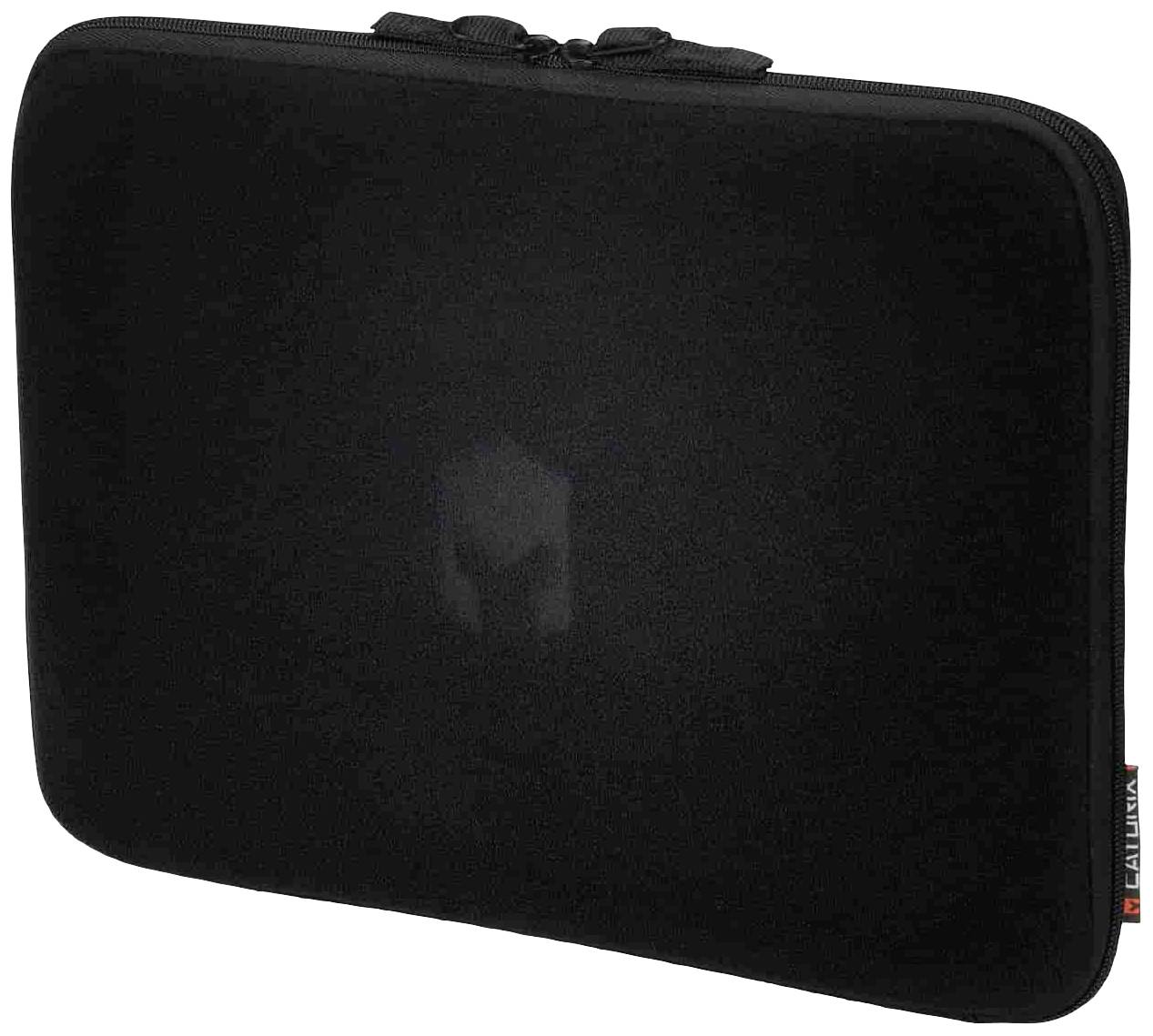 Zwarte laptophoes met rits, minimalistisch design, vermoedelijk bedoeld voor bescherming en transport van een laptop of tablet.