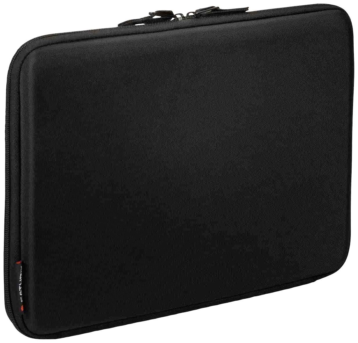 Een zwarte laptoptas met rits, strak design, geschikt voor bescherming en vervoer van een laptop.
