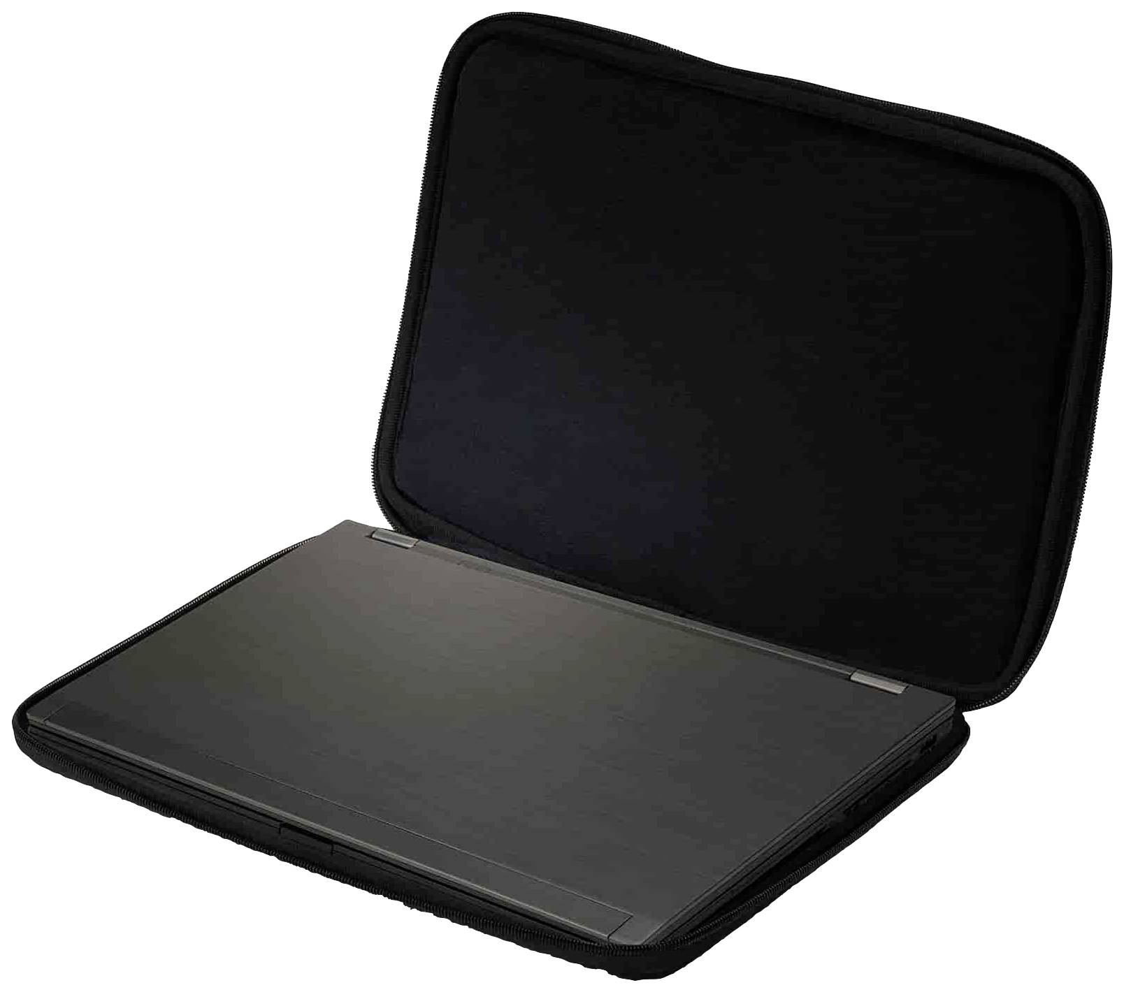 Een geopende zwarte laptophoes met een laptop aan de binnenkant. De hoes is leeg op de laptop na en heeft een zachte stof.