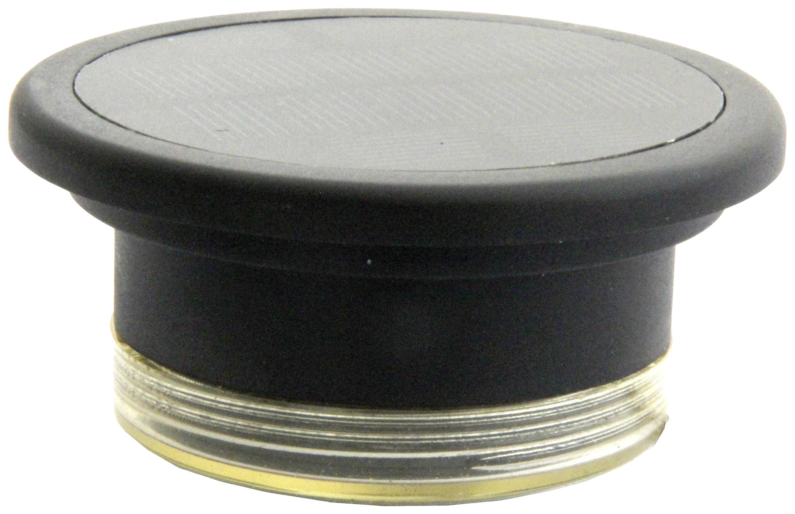 Een ronde, zwarte deksel met een transparante rand die op een glas of container past.