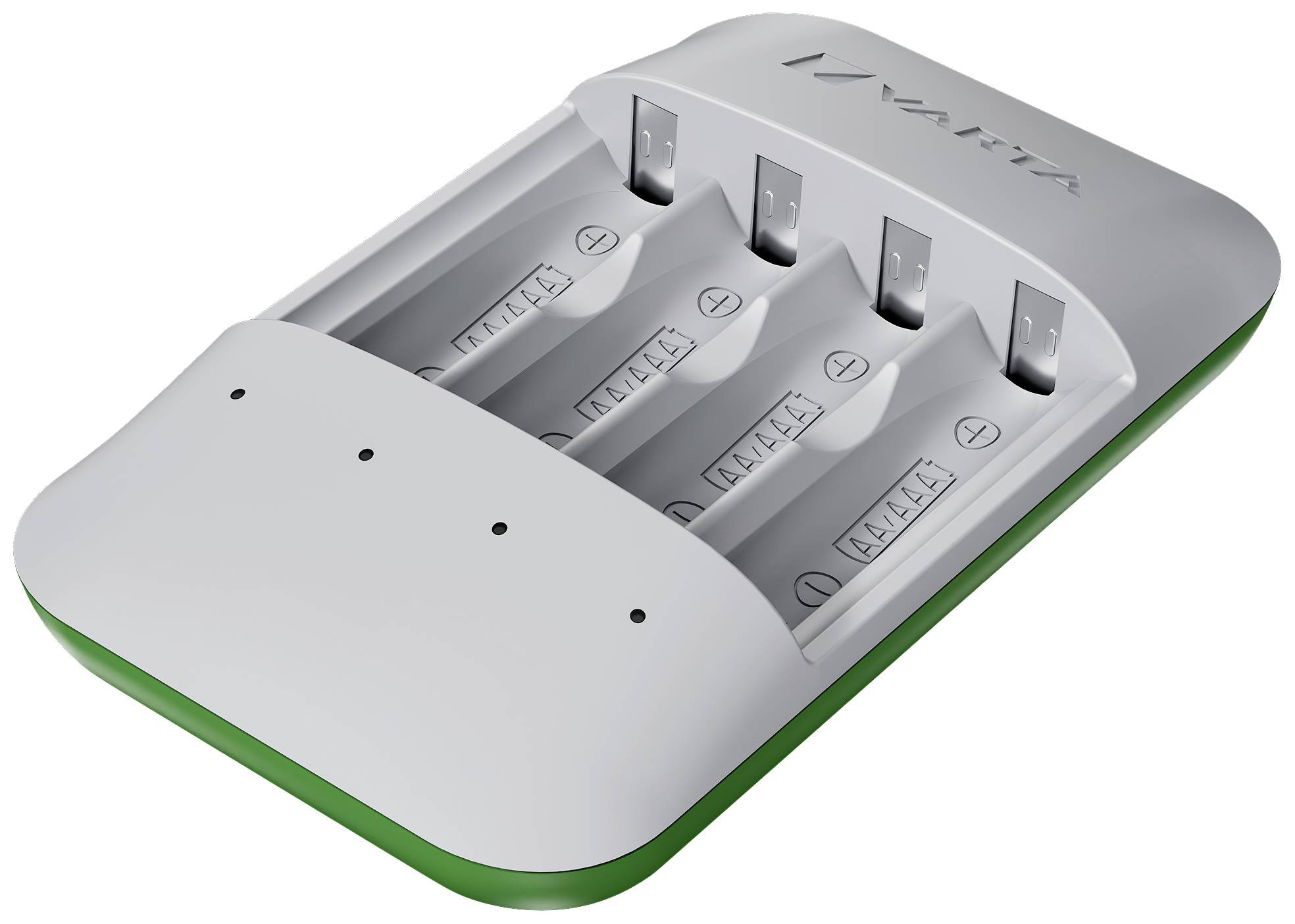 Een wit batterijlaadapparaat met vier laadsleuven en een groene onderkant, geschikt voor AA- of AAA-batterijen.