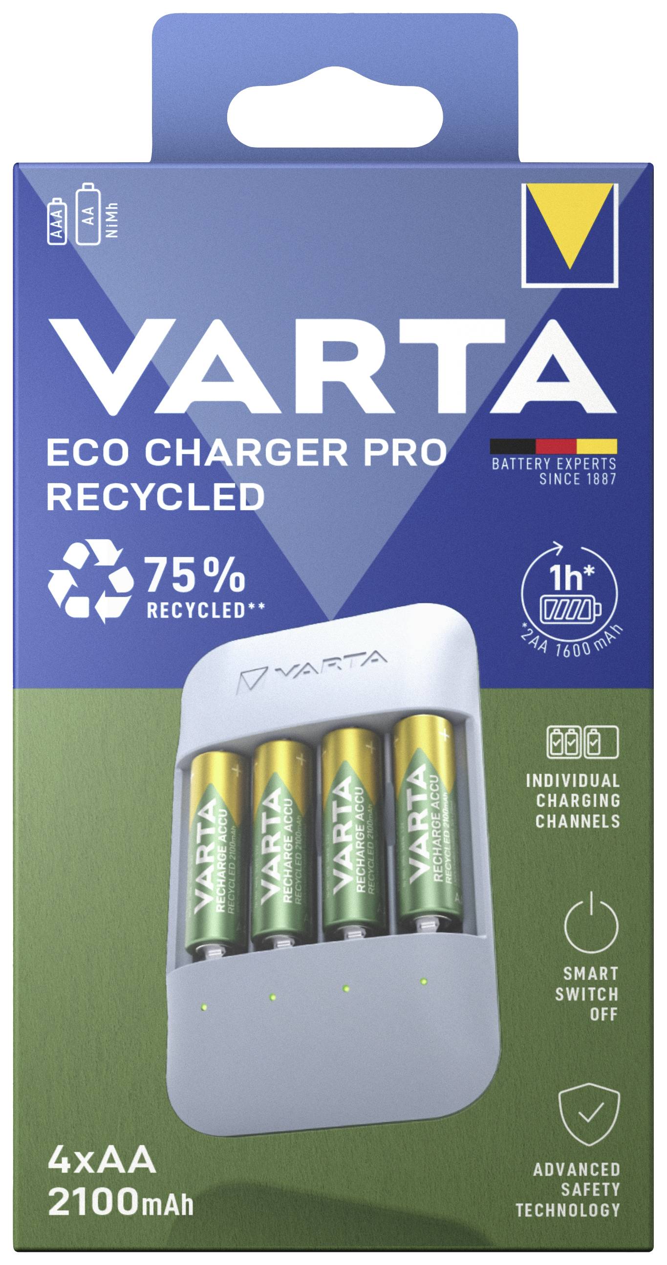 VARTA Eco Charger Pro-verpakking met vier AA-batterijen, 2100mAh. Vervaardigd uit 75% gerecycled materiaal, met individuele laadschakeling.