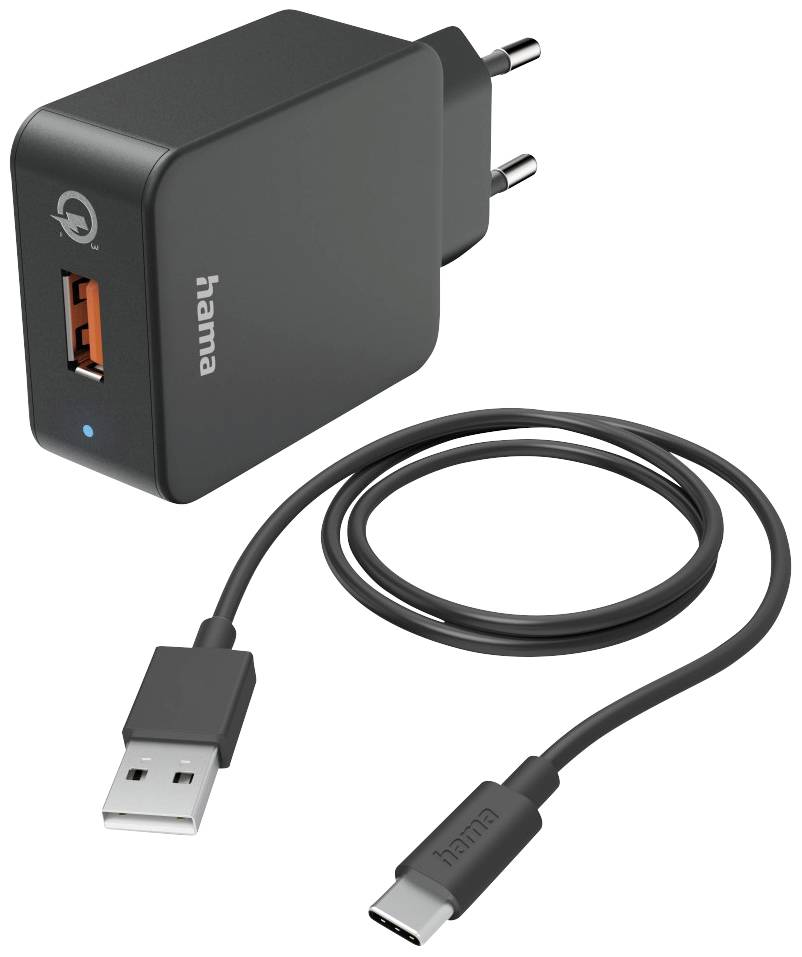 Zwart USB-oplader met EU-stekker en afneembaar USB-C-kabel. Bevat een USB-A-aansluiting en 'hama'-logo op de behuizing.