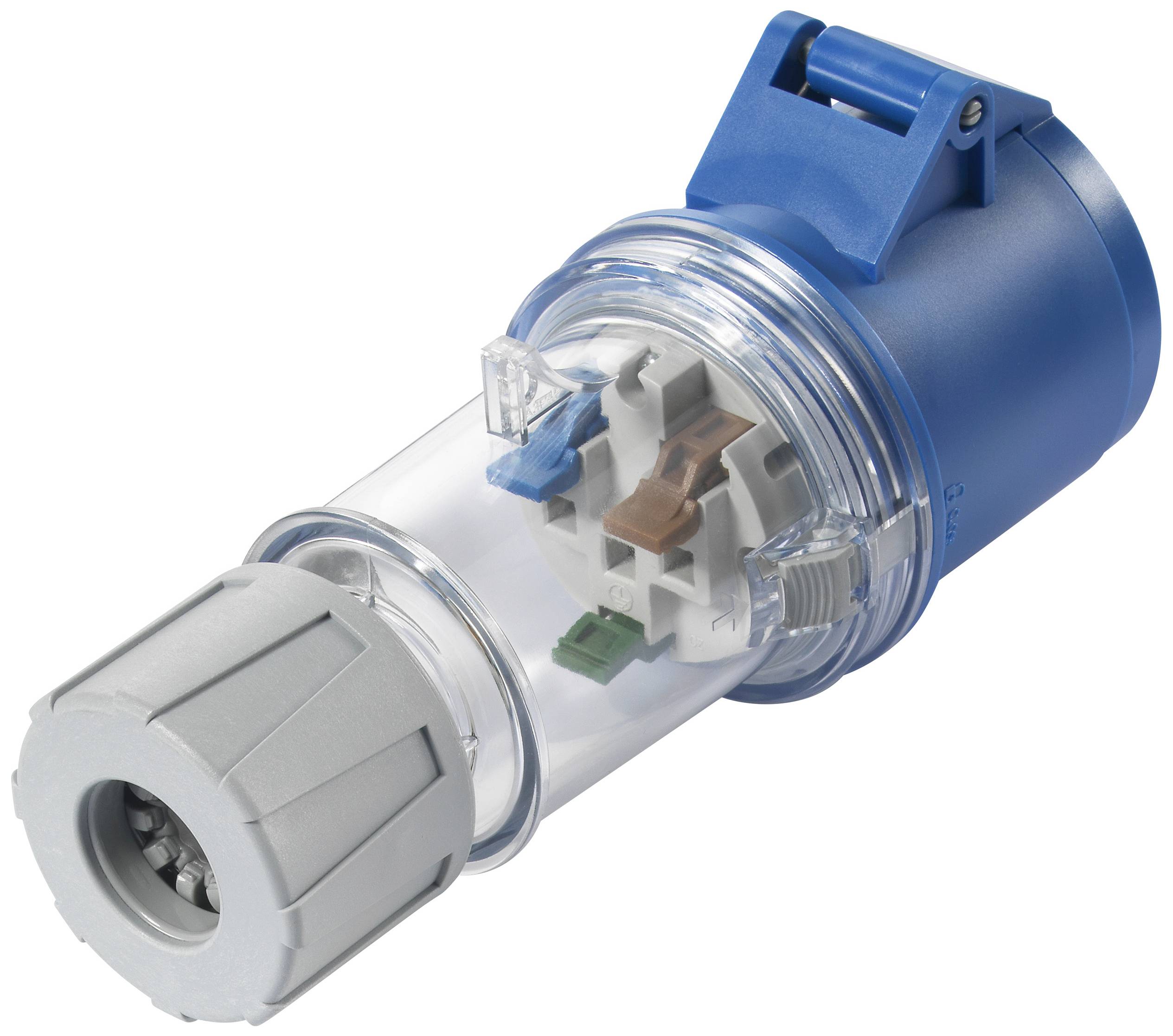 Stekker in een transparente behuizing met een blauwe handgreep, toont de interne bedrading; gebruikt voor elektrische aansluitingen.