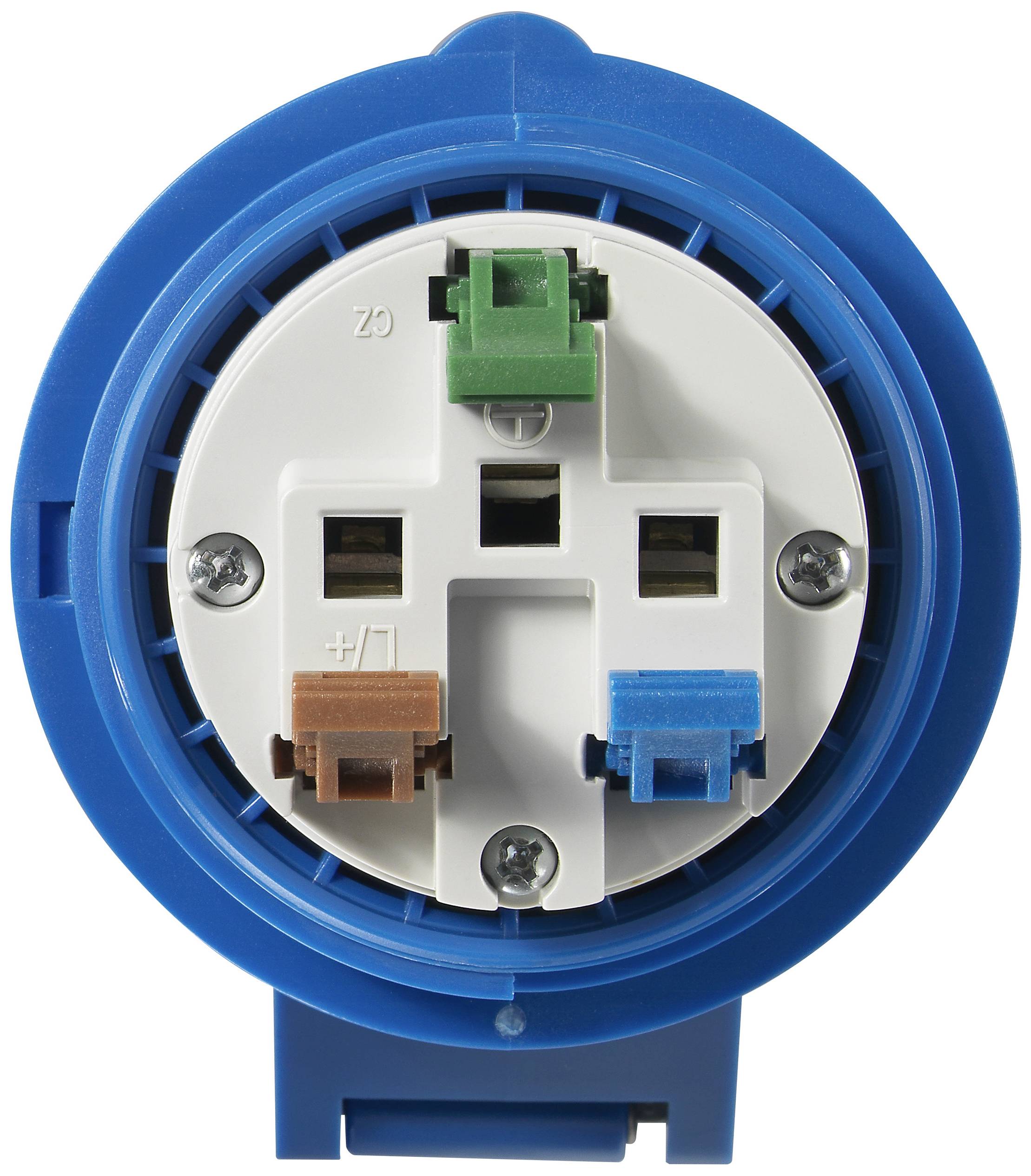 Gekleurde afdekking met vier verschillende stekerverbindingen: groen, bruin, blauw en wit. Deze wordt gebruikt voor het aansluiten van elektrische leidingen.