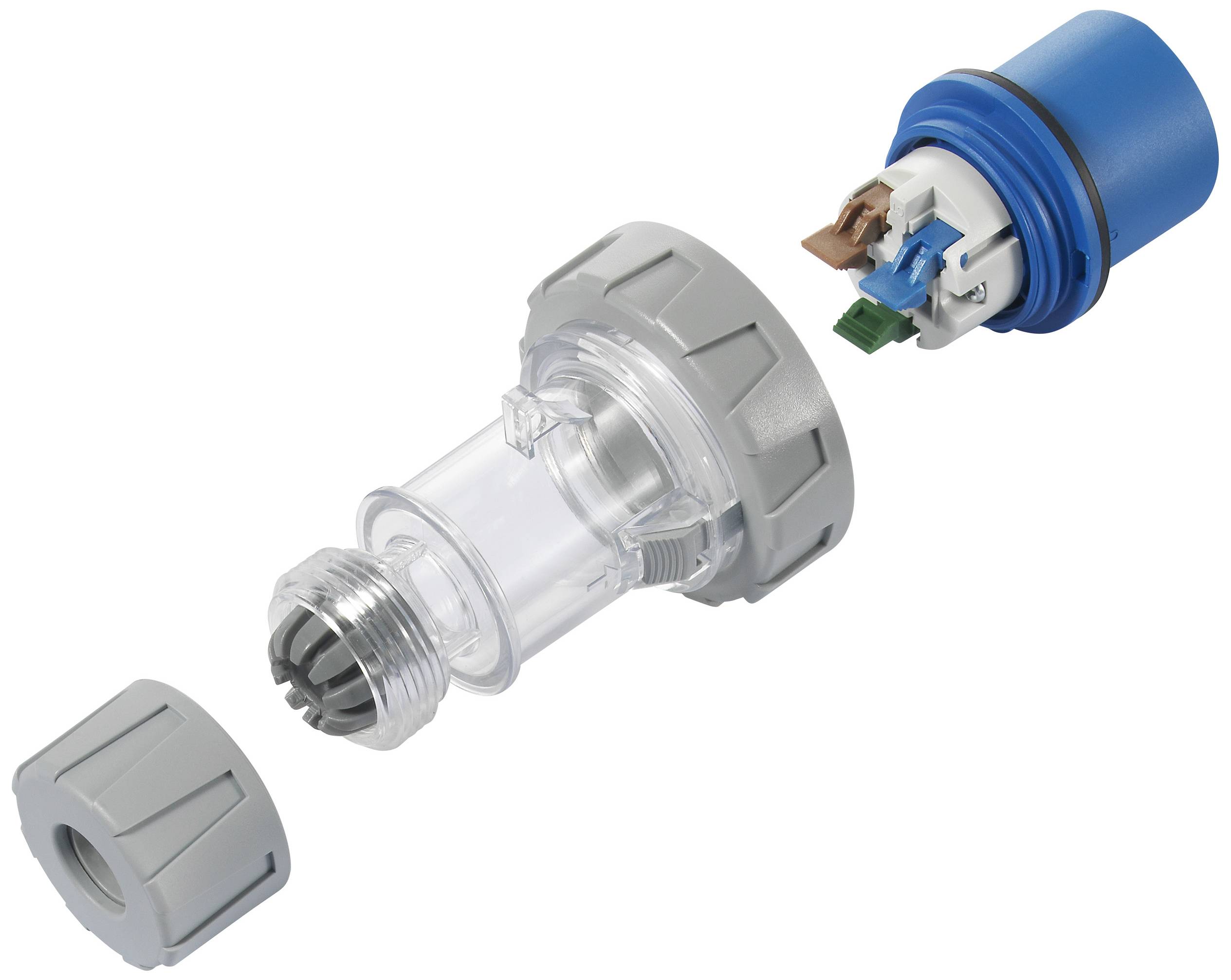 Op de afbeelding staat een gedemonteerde waterfilter met een transparante behuizing en een blauw bovendeel.
