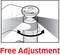 Een hand draait aan de knop van een apparaat. Daaronder staat in rode letters 'Free Adjustment'.