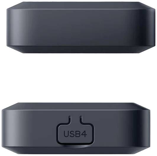 Twee aanzichten van een zwart USB4-apparaat: bovenaanzicht met gladde oppervlakte, onderaanzicht toont de USB4-aansluiting.