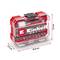'Einhell' Bitset in rode kunststof doos, bevat meerdere bits en een adapter. Afmetingen: 3,5 cm diep, 10,8 cm breed, 7,5 cm hoog.