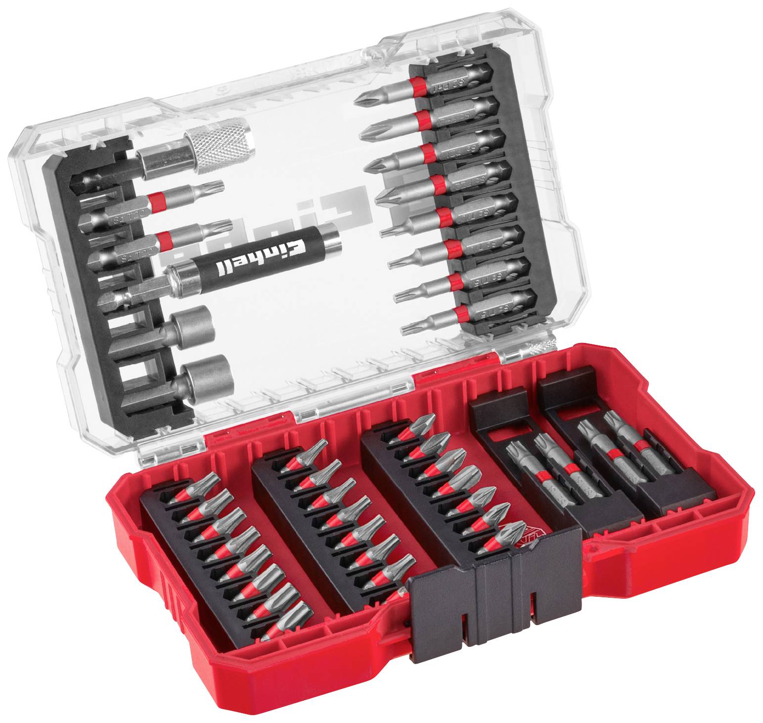 Een open set met verschillende schroevendraaier-inzetstukken en bits, gesorteerd en overzichtelijk gerangschikt in een rood kunststof etui.