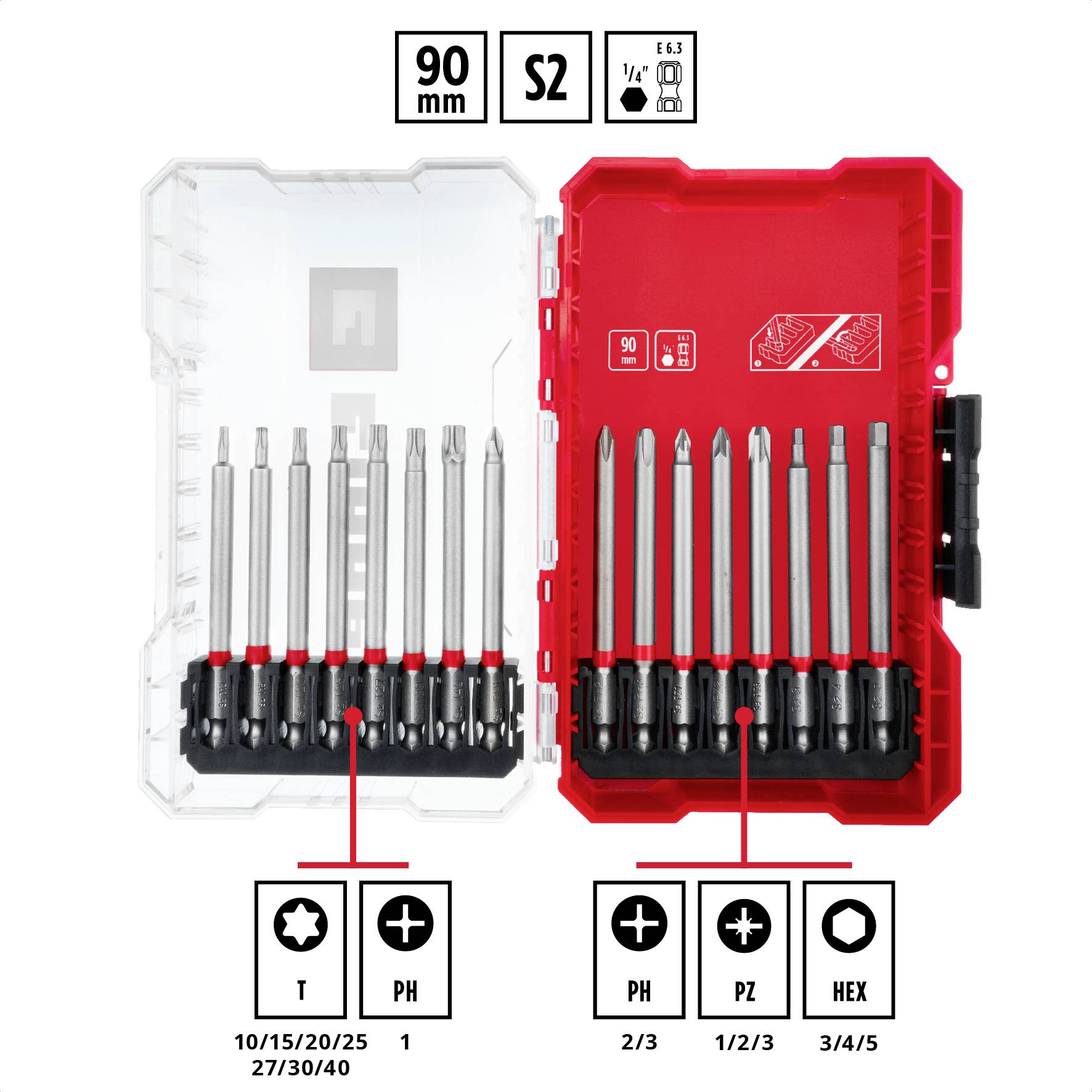 Schroevendraaierset met verschillende bitsoorten en -maten, in een rode en transparante kunststof behuizing; T, PH, PZ, HEX bits inbegrepen.