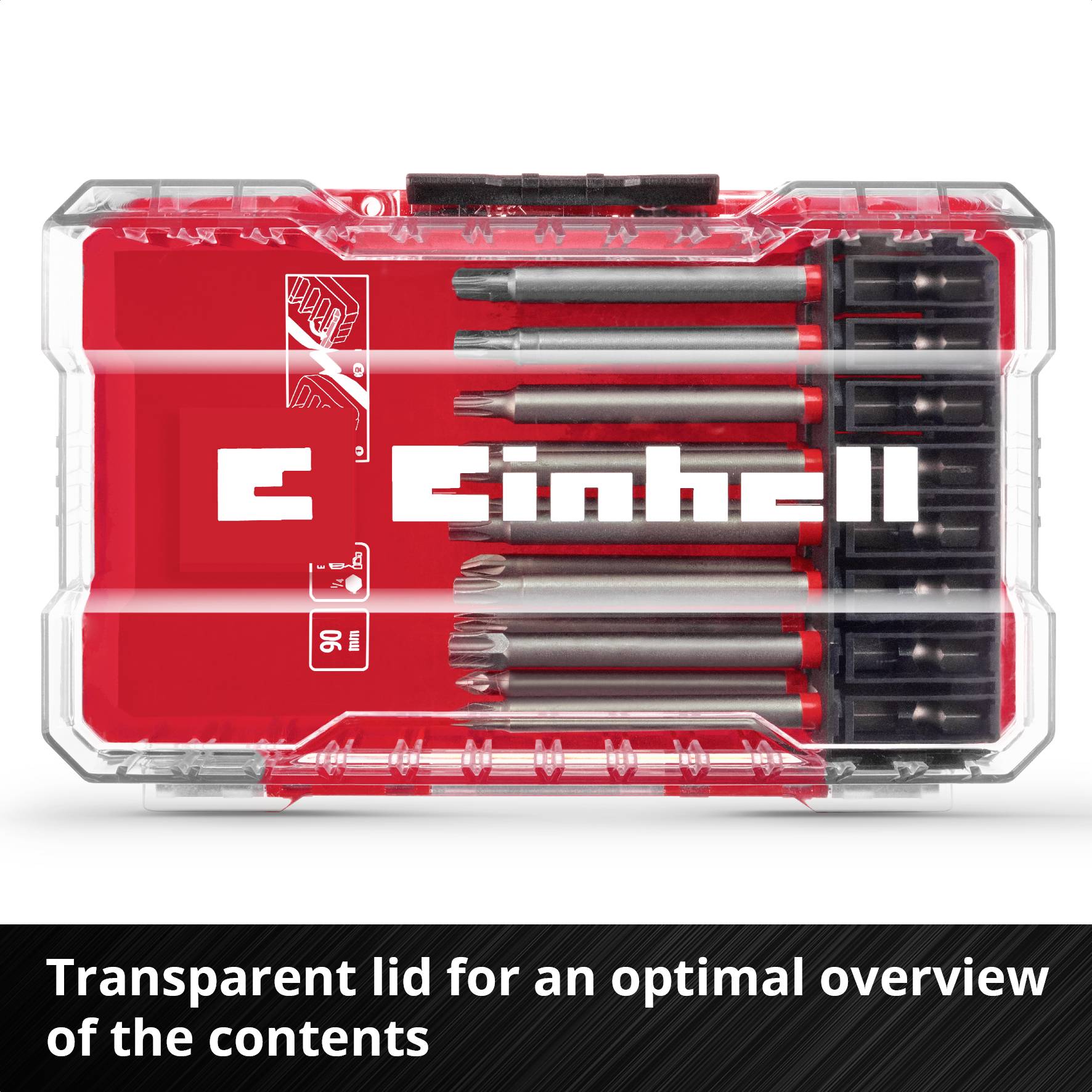 Bevat zes boren en schroevendraaier-opzetstukken in een transparante plastic doos. Tekst op de doos: 'Einhell'.