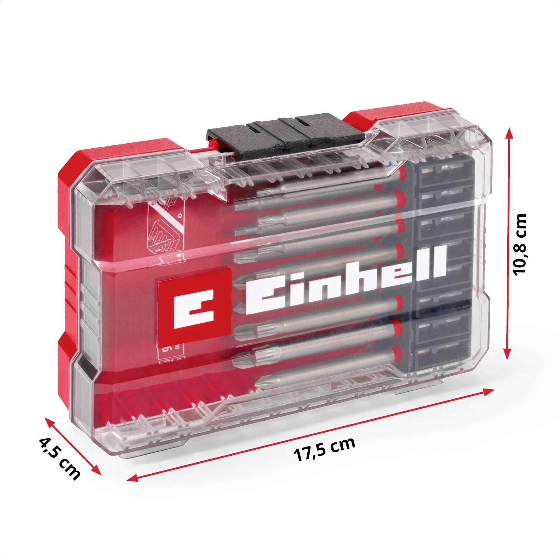 'Einhell Bit-Set' in een transparante kunststof doos met afmetingen van 17,5 x 10,8 x 4,5 cm. Bevat verschillende bits, netjes georganiseerd.