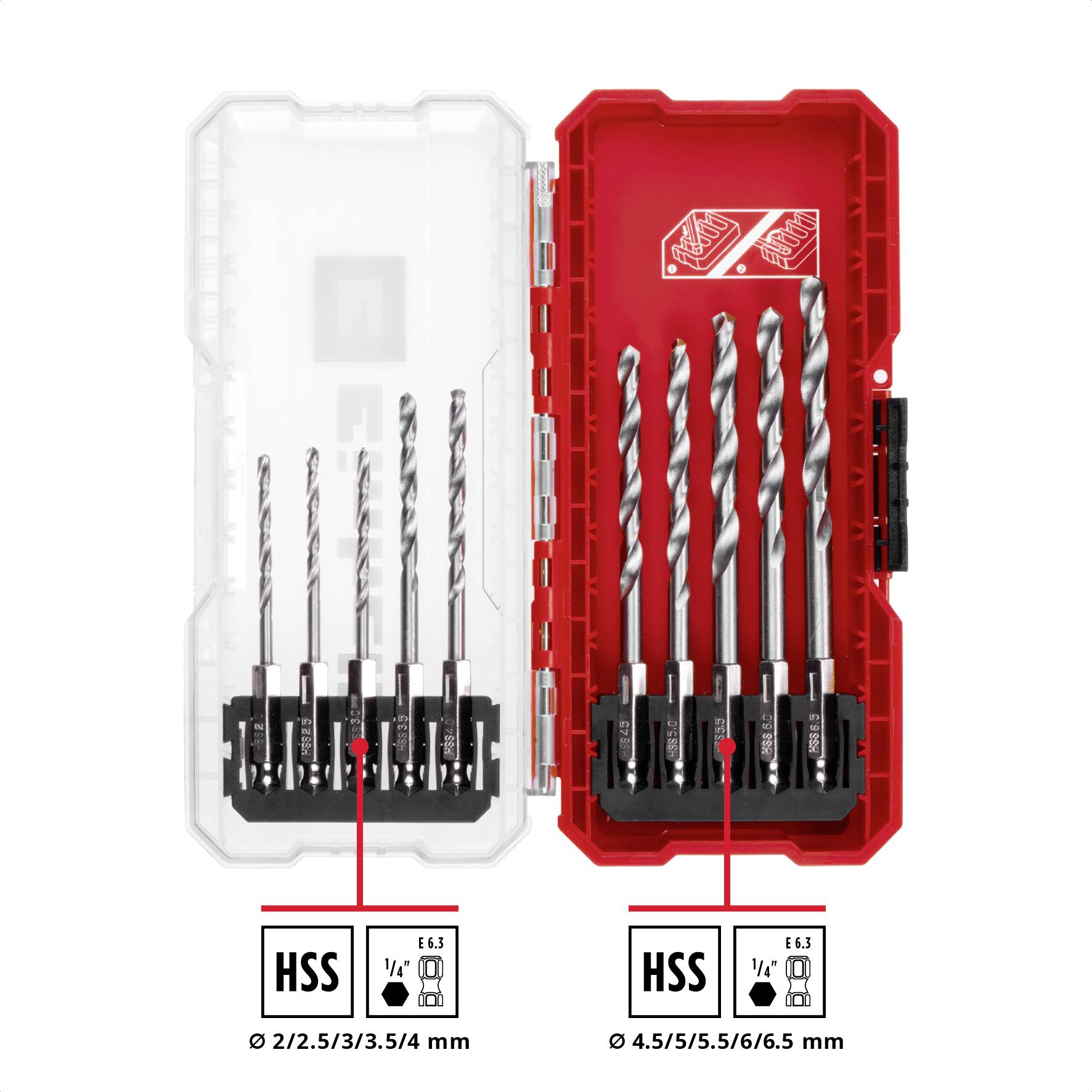 Set met HSS-boren in rode etui. Links: kleinere boren (2/2,5/3/3,5/4 mm), rechts grotere (4,5/5/5,5/6/6,5 mm).