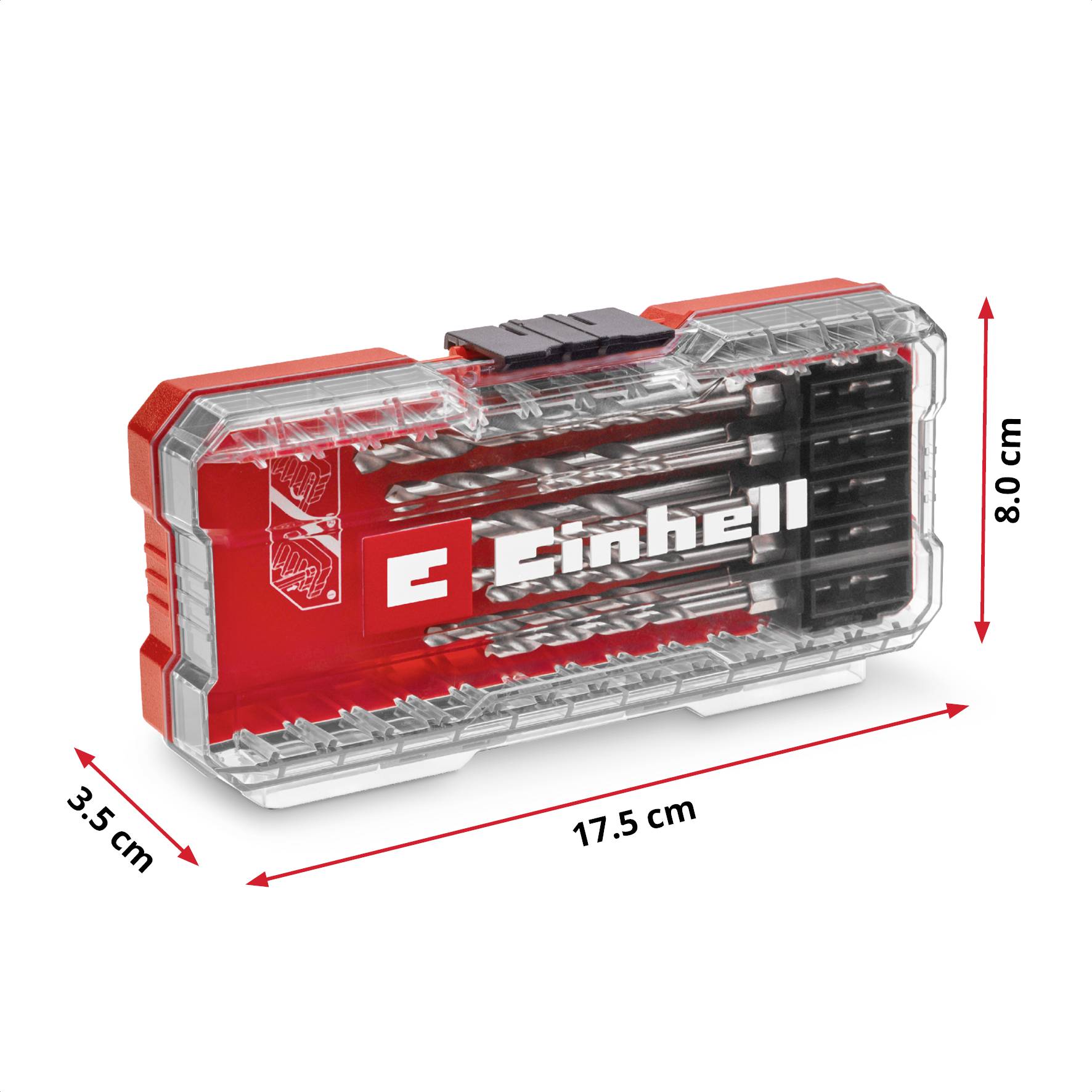 Een transparante behuizing met een schroevendraaier bitset van Einhell. De set bevat verschillende bits; afmetingen: 17,5 cm x 8,0 cm x 3,5 cm.