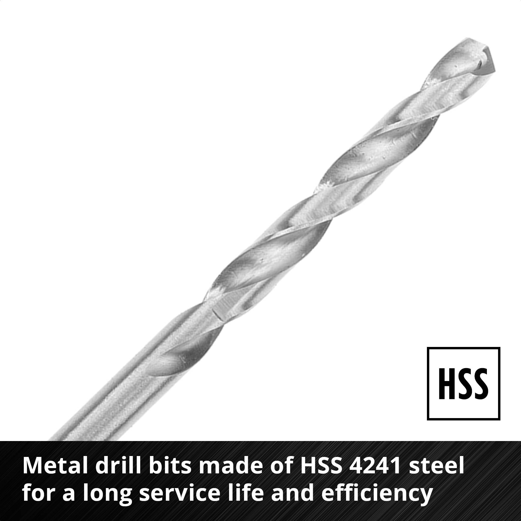 Metalen boren van HSS 4241 staal, biedt lange standtijd en efficiëntie, afgebeeld op witte achtergrond, met HSS-logo.