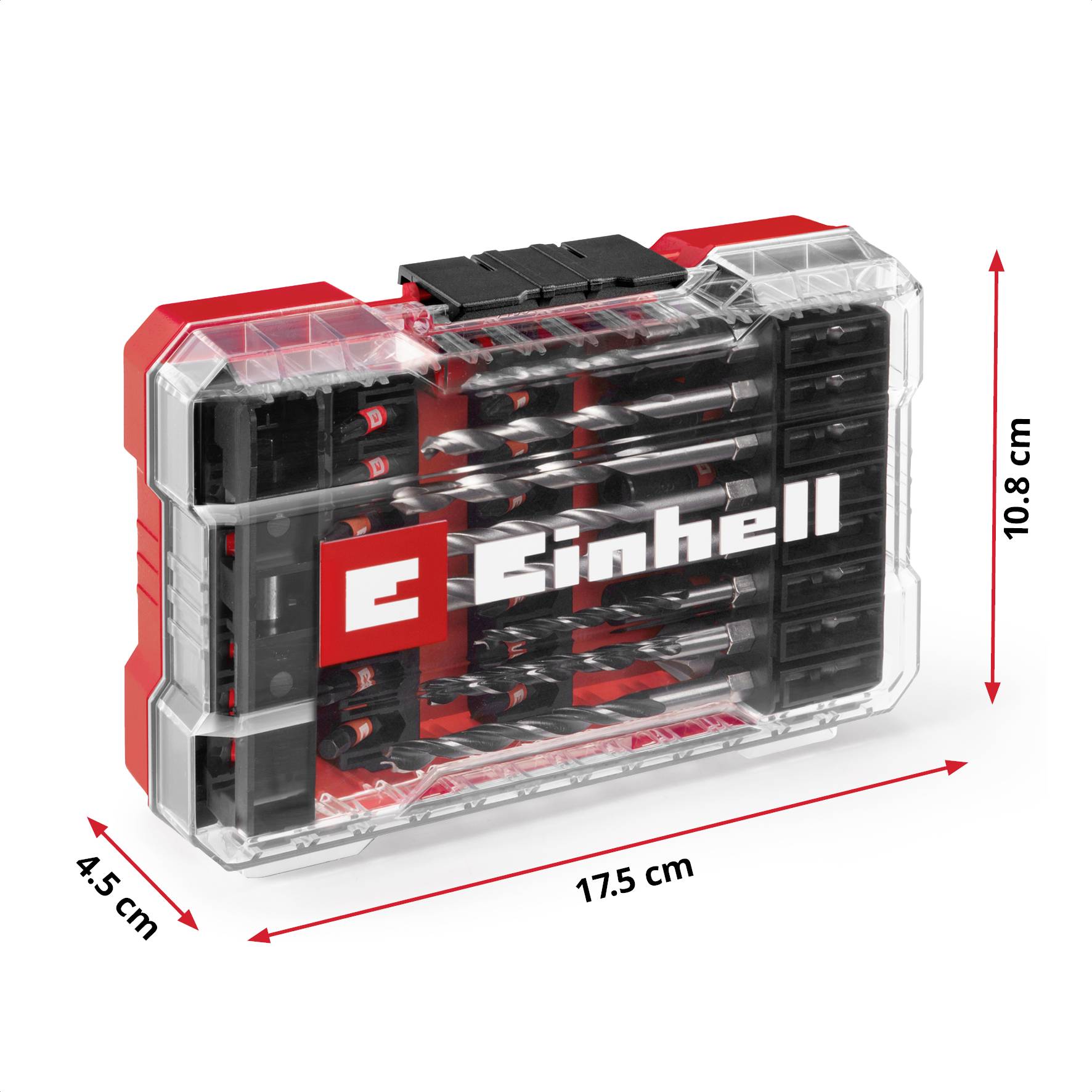 Einhell bitset in een transparente kunststofbehuizing met rode accenten; afmetingen: 17,5 cm x 10,8 cm x 4,5 cm.
