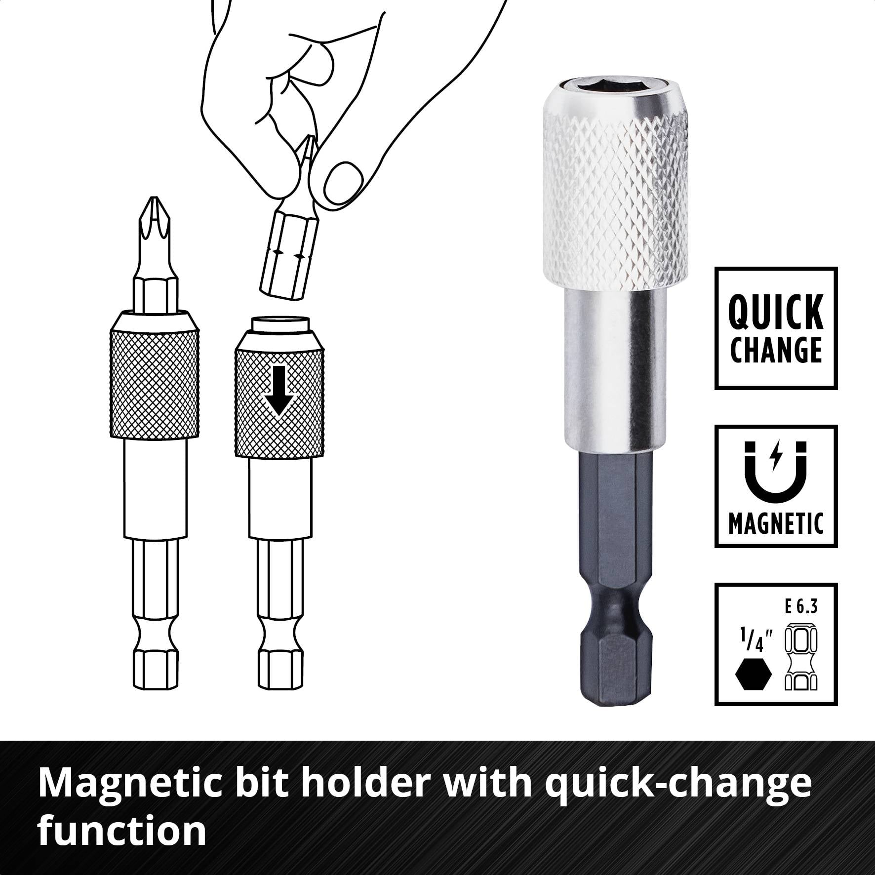 Magnetische bithouder met snelwisselbare functie en magnetische kracht, toont het plaatsen van een bit in de houder.