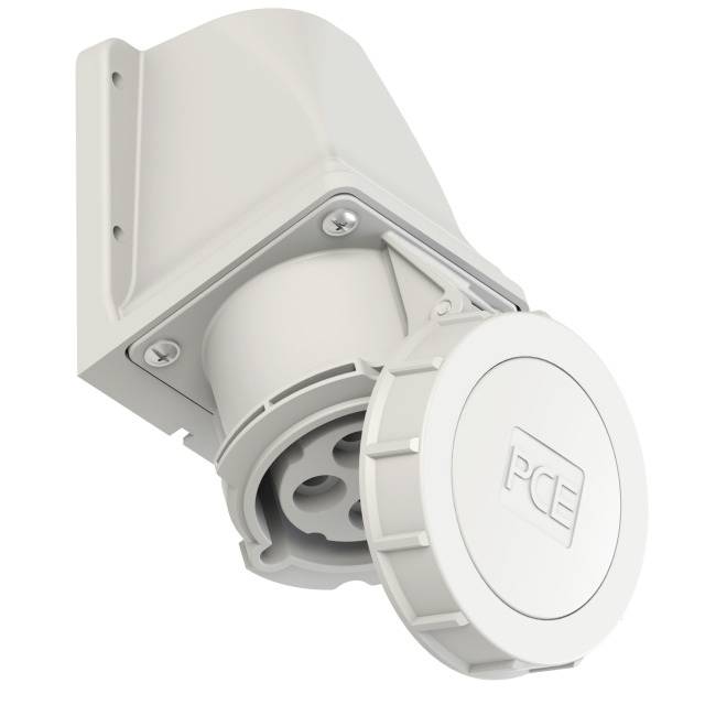 Een witte industriële wandcontactdoos met beschermkap en schroefbevestigingen, geschikt voor zware elektrische apparaten.