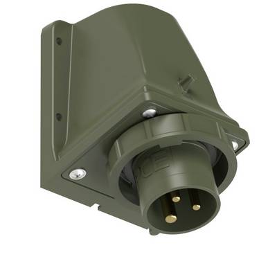 Een groene industriële stekker, gemonteerd op een wandbevestiging, met drie ronde contactpunten, geschikt voor robuuste toepassingen.