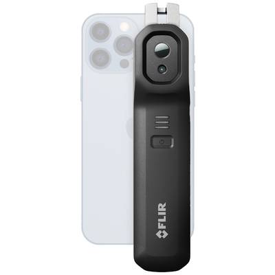 Zwarte FLIR-infraroodaccessoire dat aan de achterkant van een smartphone wordt bevestigd, met cameralens en merklogo.