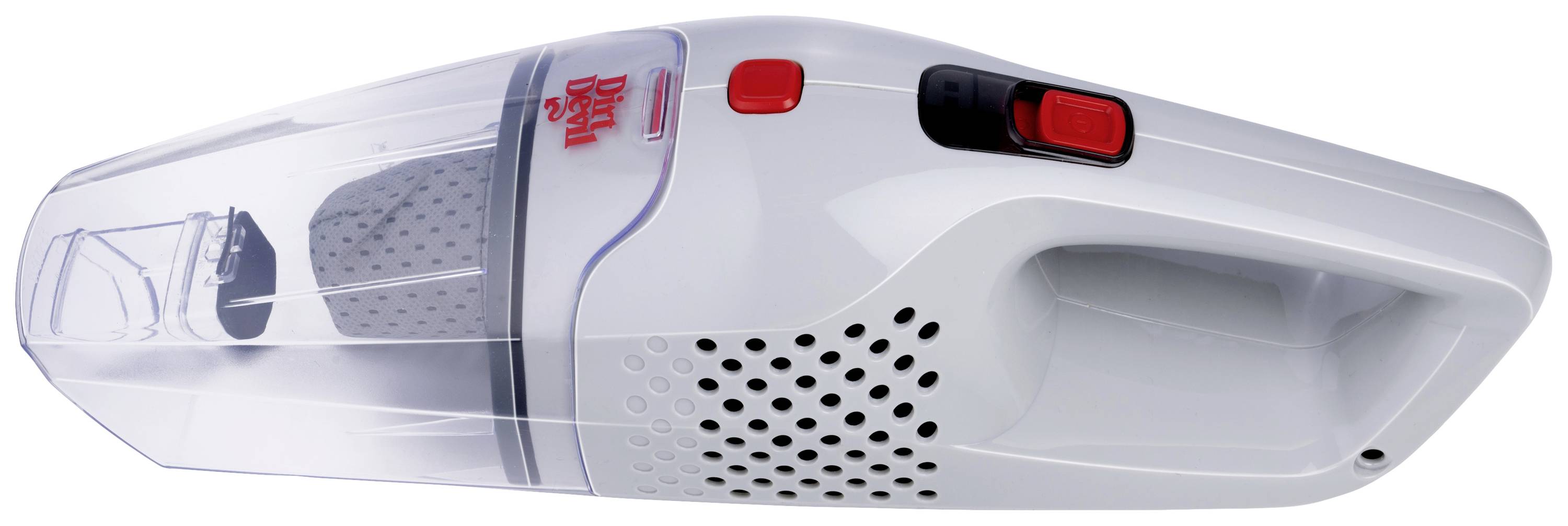 Een draadloze handstofzuiger met een transparante stofcontainer en een rode aan-knop, geschikt voor kleine schoonmaakklussen.