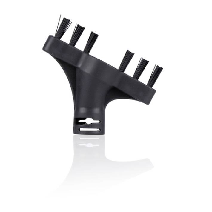 Zwarte stoomreiniger-opzetstuk met stijve borstels, ontworpen voor het reinigen van voegen en moeilijk bereikbare plekken.