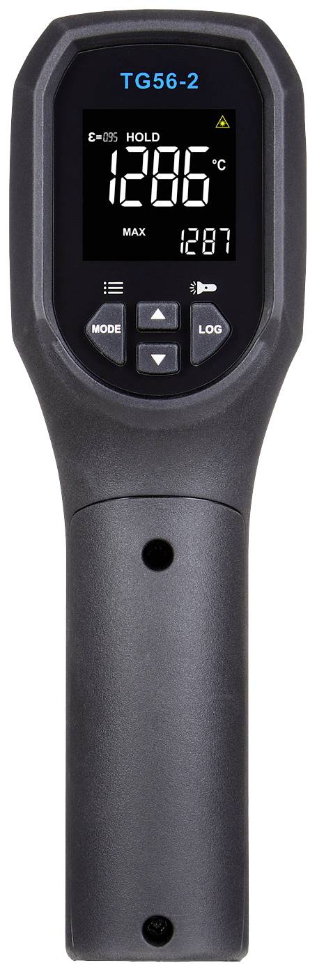 Een digitale thermometer met display toont '128,6 °C'. Het heeft knoppen voor modus en logging. Modelnummer 'TG56-2' bovenaan.