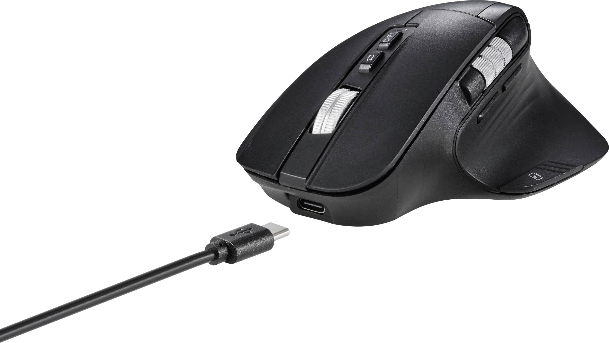 Zwarte draadloze computermuis met scrollwiel, meerdere knoppen en USB-C-oplaadkabel, geschikt voor ergonomisch werken.
