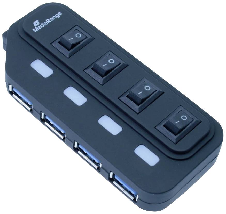 Meerpoorts USB-hub met vier poorten, aan/uit-schakelaars per aansluiting, zwarte behuizing met wit 'MediaRange' logo linksboven.