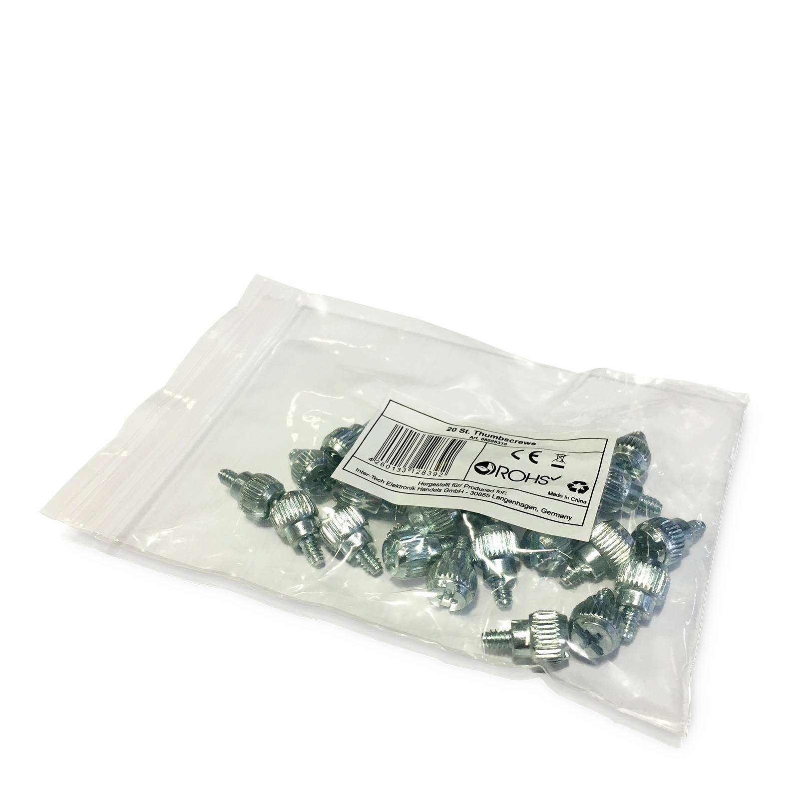 Een plastic zak met verschillende metalen schroeven met schroefdraad op een witte achtergrond. Op het etiket staan CE- en RoHS-certificeringen.