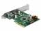 Een groene PCIe-uitbreidingskaart met elektronische componenten, twee USB- en één SATA-aansluiting. Geschikt voor computeruitbreidingen.