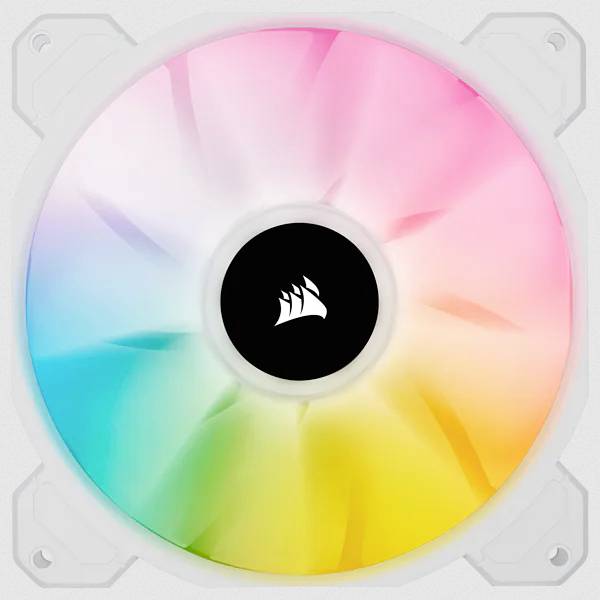 RGB-PC-ventilator met witte rand, oplichtend in roze, blauw en geel. In het centrum bevindt zich een zwart logo met een scheepsafbeelding.