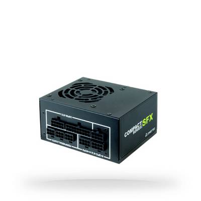 Compact SFX-voedingsunit met ventilator bovenaan en meerdere aansluitingen aan de voorkant. Geschikt voor kleine pc-behuizingen.