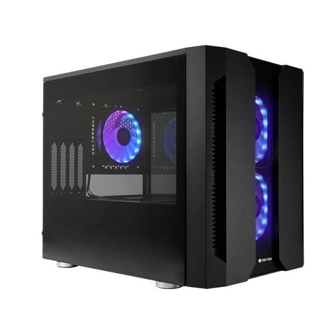 Zwart, modern computerbehuizing met transparant zijpaneel, waarbij verlichte LED-ventilatoren in blauw en paars zichtbaar zijn.
