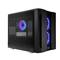 Zwart, modern computerbehuizing met transparant zijpaneel, waarbij verlichte LED-ventilatoren in blauw en paars zichtbaar zijn.