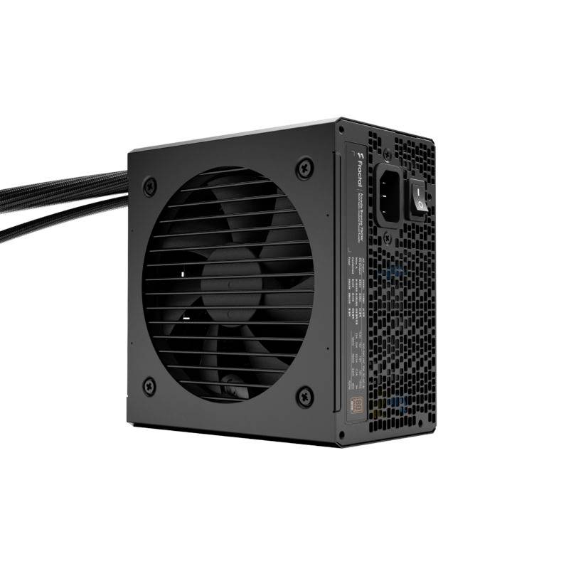 Zwarte computervoeding met ventilator en meerdere aansluitingen aan de zijkant. Het ondersteunt de stroomvoorziening van computers.