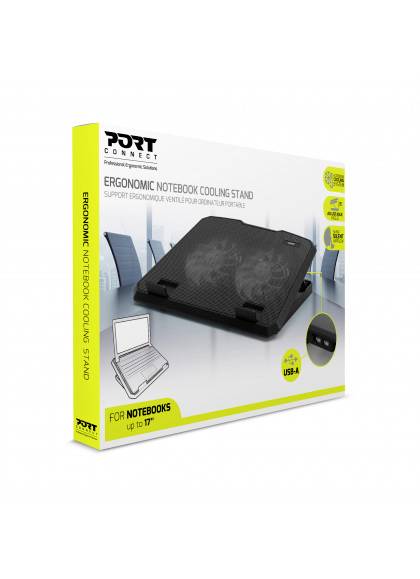 'Port Connect Ergonomische Laptopstandaard met koeling' verpakking. Afbeelding van een laptopstandaard met ventilatie. Geschikt voor laptops tot 17 inch.