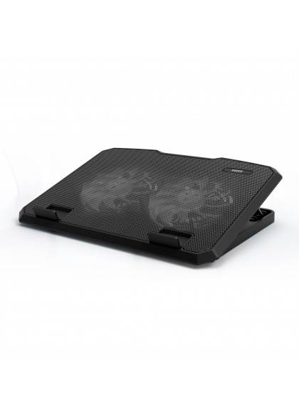 Een zwarte laptopkoeler met een hellend oppervlak en grote ventilatoren voor ventilatie.