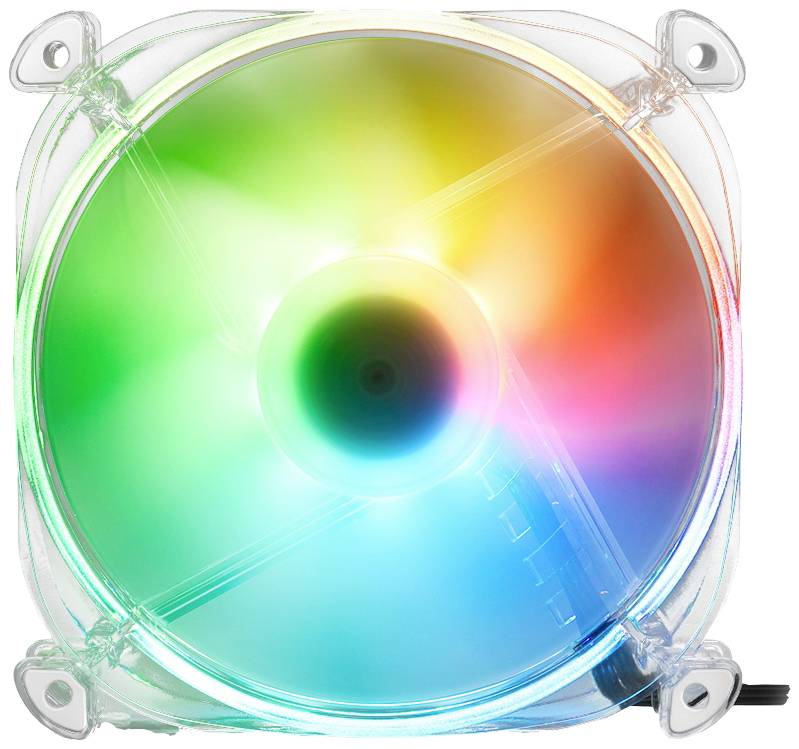 Een lichtgevende computerventilator met meerkleurige LED-verlichting, voornamelijk in groen, geel en blauw.