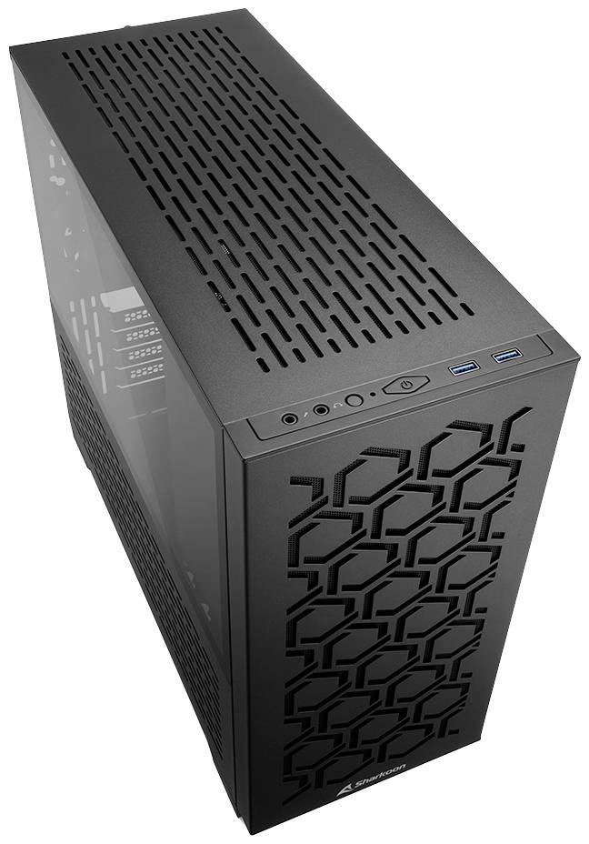 Zwart pc-behuizing met zijraam en geometrisch patroon op de voorkant; voorzien van USB-poorten en aan/uit-knop.