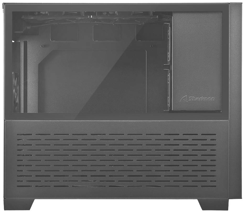 Simple black computer case with perforated front cover and side window for view of the interior.