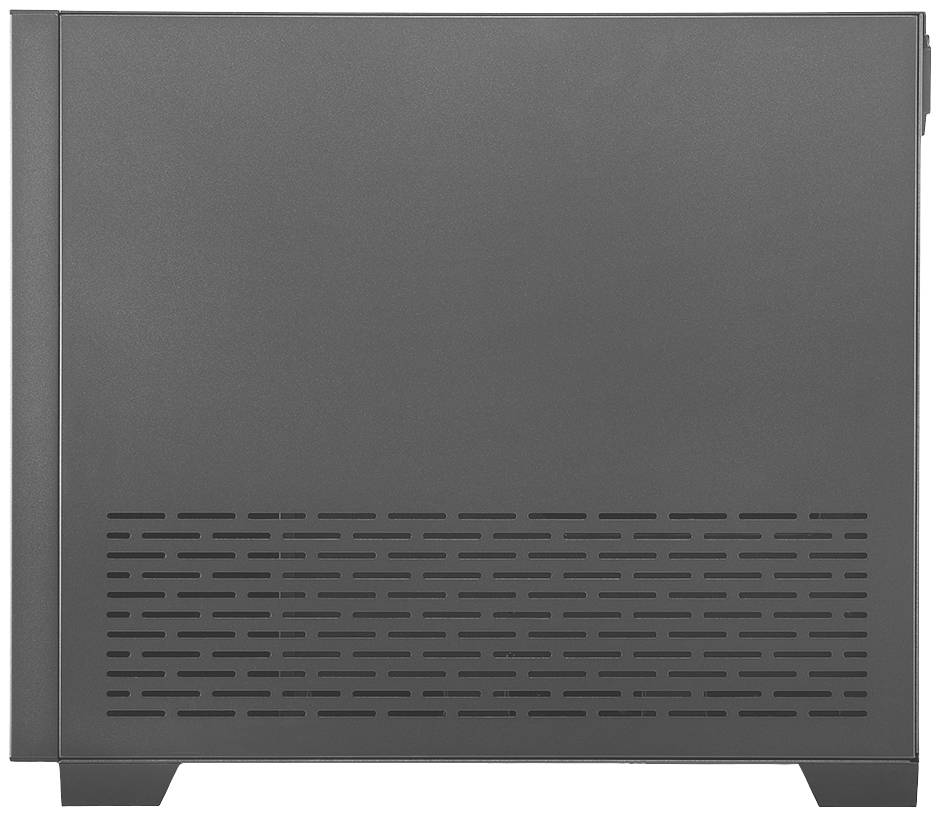 Grijs pc-behuizing met rechthoekige vorm. Onderste helft toont ventilatiesleuven voor koeling.