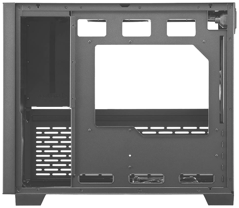 Pc-behuizing met open frame. Zichtbaar zijn montageplaatsen voor moederbord en voeding, evenals ventilatiesleuven.