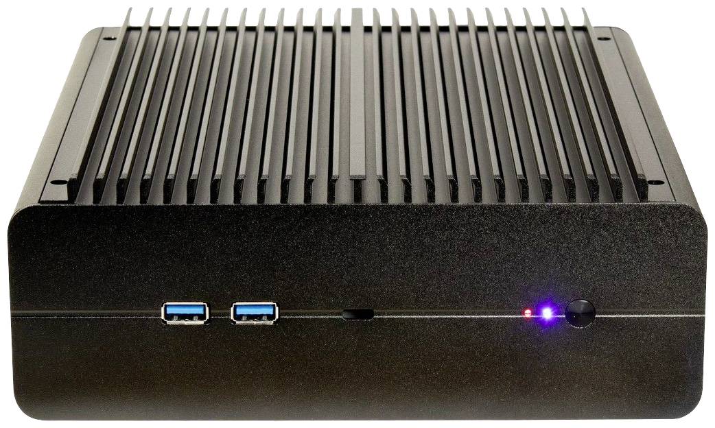 Zwarte mini-pc met een geprofileerd bovenpaneel, twee USB-poorten aan de voorkant en twee oplichtende LED's aan de rechterkant.