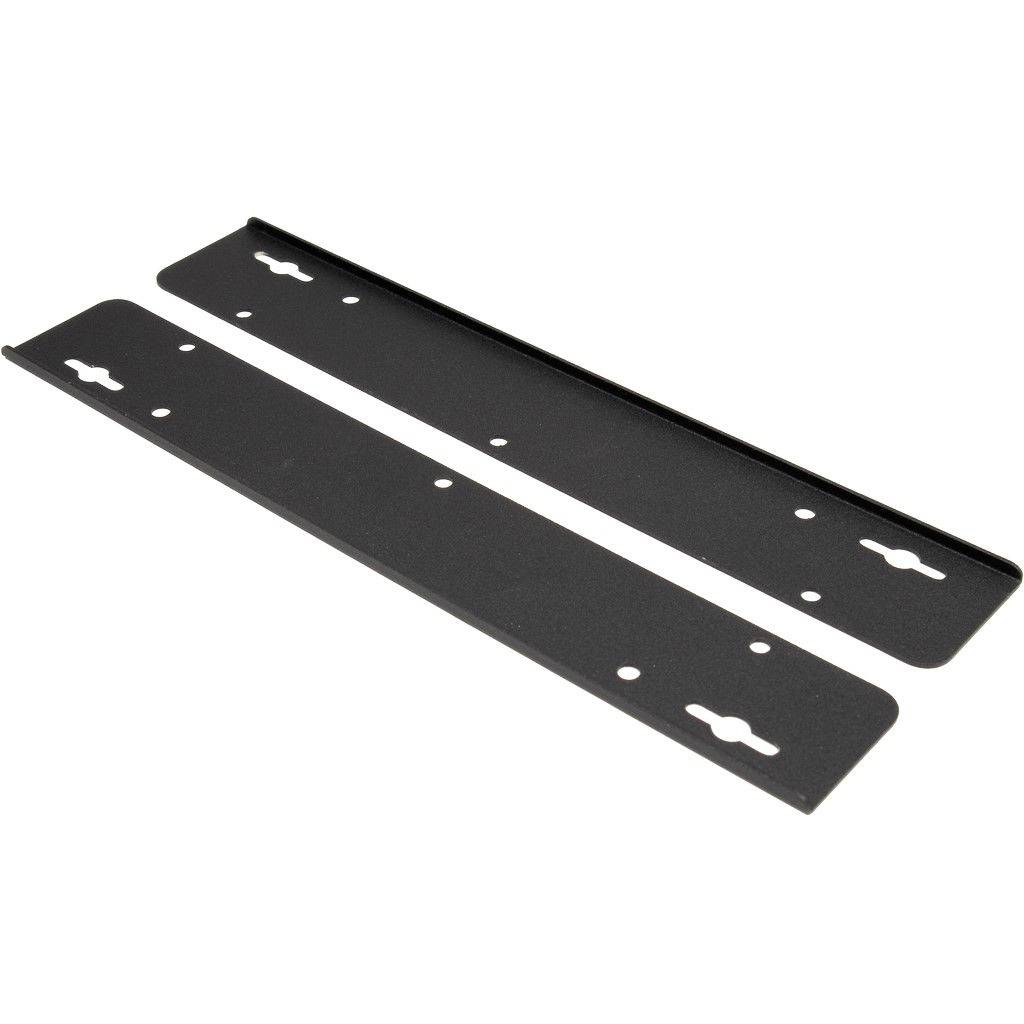 Twee zwarte metalen steunen met bevestigingsgaten, plat liggend op een lichte achtergrond.